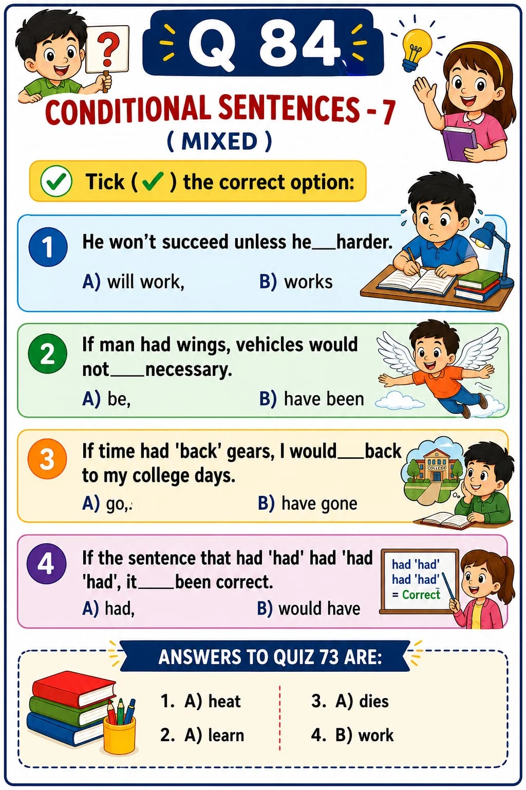 Conditional Sentences: Mixed Practice — Quiz 84. Choose the verb forms that match each conditional sentence. Original lesson image by S.D. Singh Ratan.