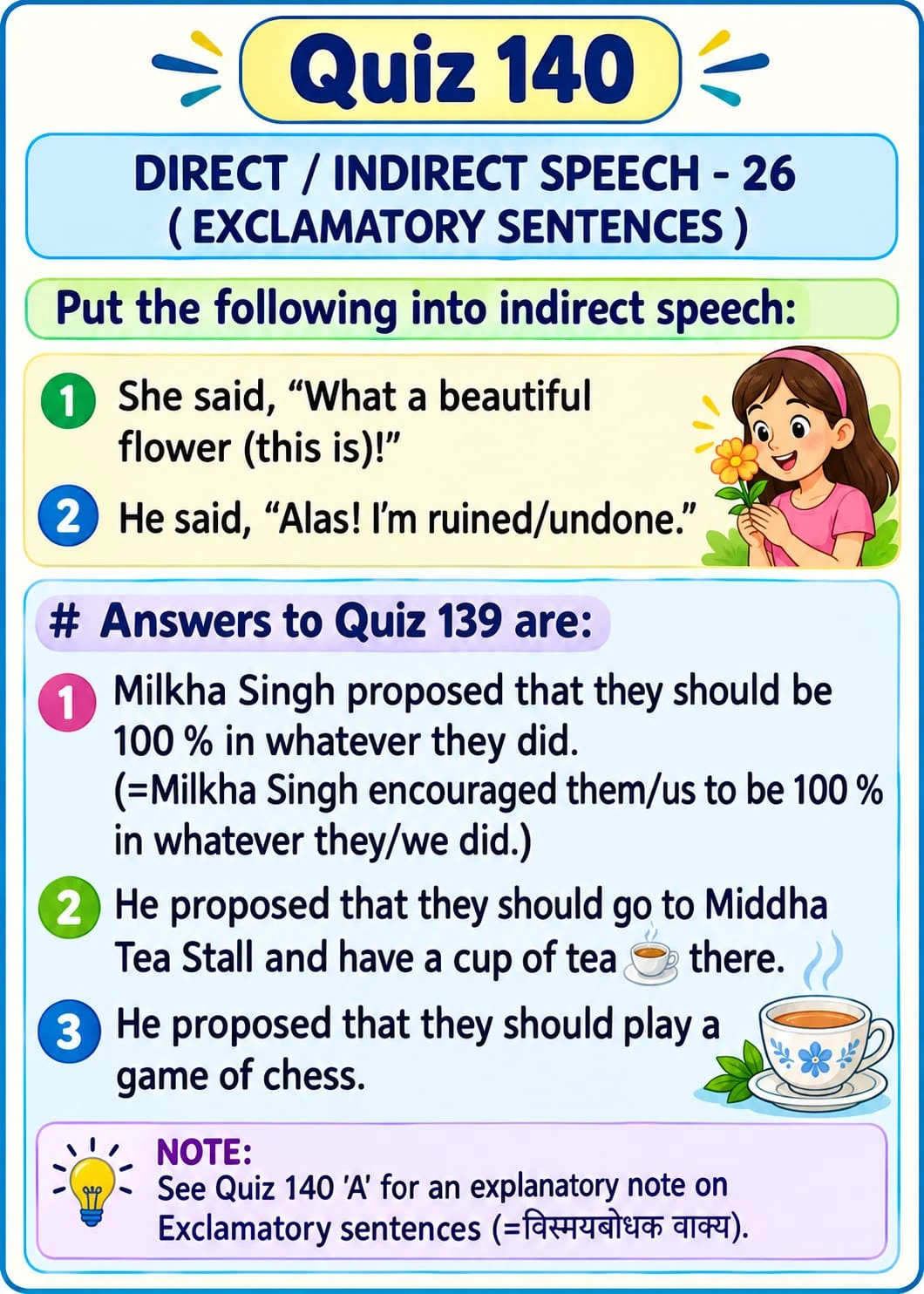 Direct and Indirect Speech: Exclamations Practice — Quiz 140. Report admiration and sorrow using the sentences in this quiz. Original lesson image by S.D. Singh Ratan.