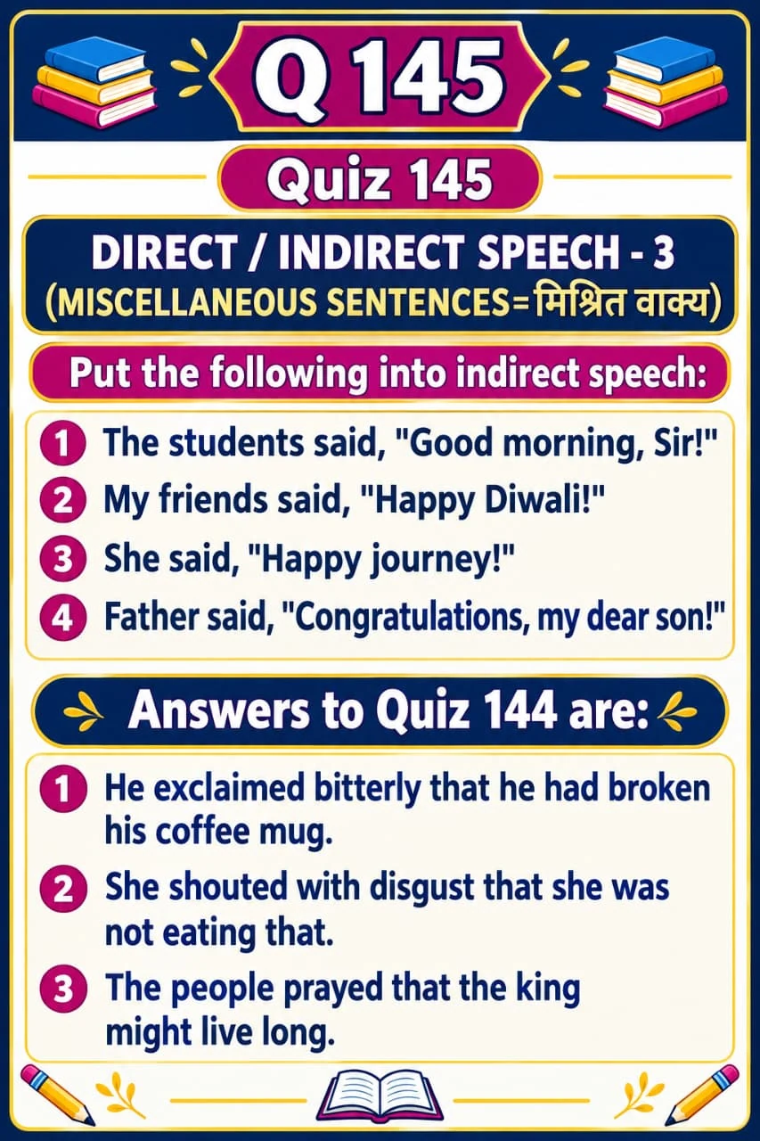 Direct and Indirect Speech: Greetings and Wishes — Quiz 145. Report greetings, good wishes and congratulations. Original lesson image by S.D. Singh Ratan.