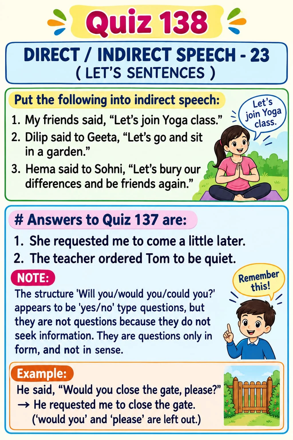 Direct and Indirect Speech: Let's Sentences — Quiz 138. Practise reporting suggestions made with let's. Original lesson image by S.D. Singh Ratan.