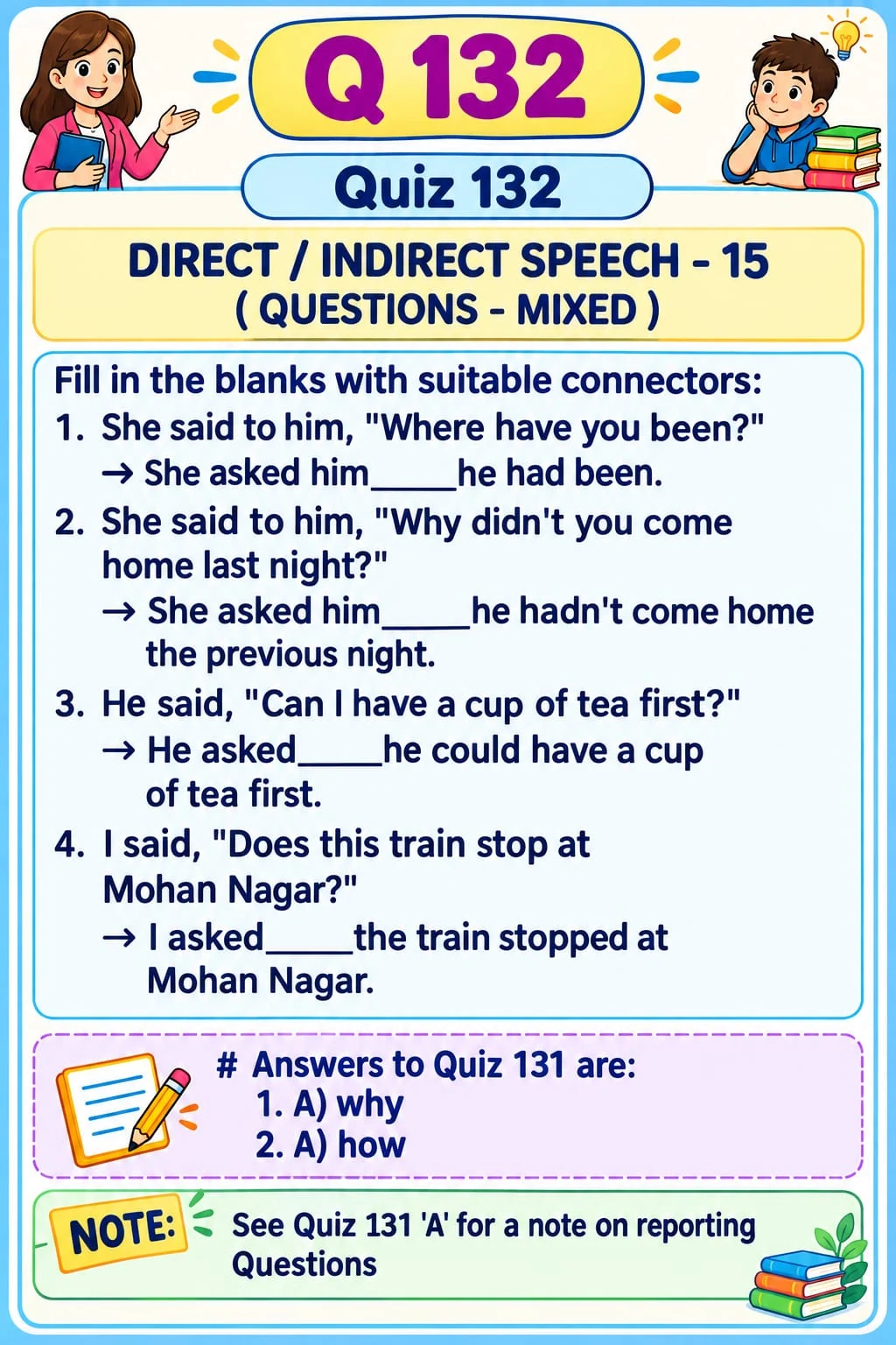 Direct and Indirect Speech: Mixed Questions — Quiz 132. Complete reported questions with suitable connectors. Original lesson image by S.D. Singh Ratan.