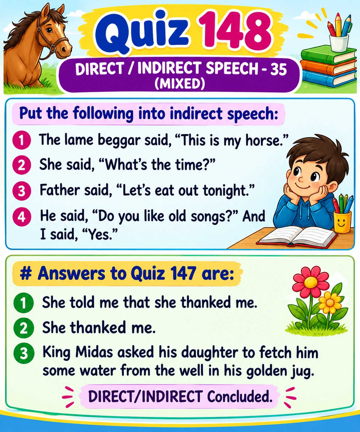An English-learning quiz image titled Quiz 148: Direct / Indirect Speech - 35 (Mixed). It asks learners to convert four direct-speech sentences into indirect speech and displays three answers to Quiz 147.