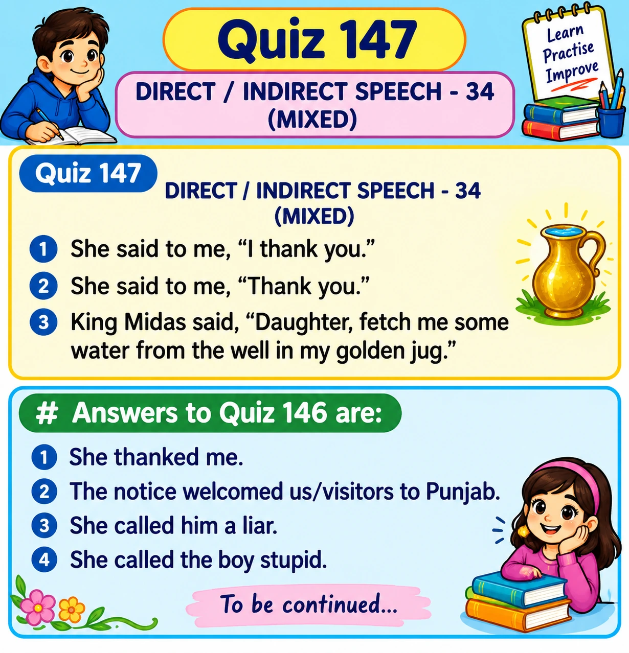 Educational English lesson image titled Direct / Indirect Speech – 34 (Mixed), showing Quiz 147 with three direct-speech sentences and answers to Quiz 146.