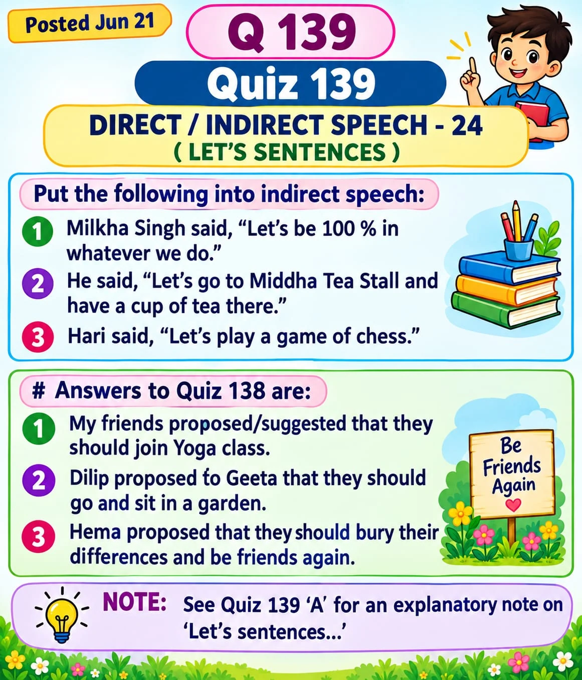 Direct and Indirect Speech: Reporting Suggestions — Quiz 139. Change let's suggestions into indirect speech. Original lesson image by S.D. Singh Ratan.