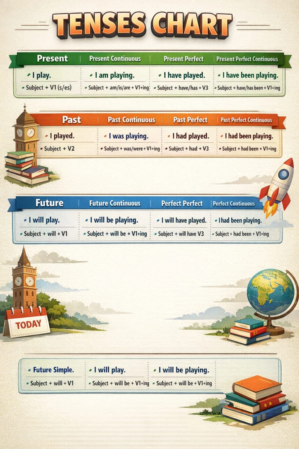 English Tenses Chart. Review the simple, continuous, perfect and perfect continuous forms in present, past and future tenses. Original lesson image by S.D. Singh Ratan.