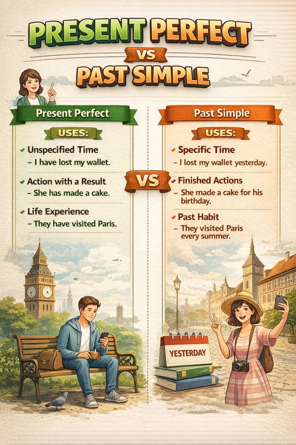 Present Perfect vs Past Simple. Compare unspecified time and life experience with finished actions at a specific past time. Original lesson image by S.D. Singh Ratan.