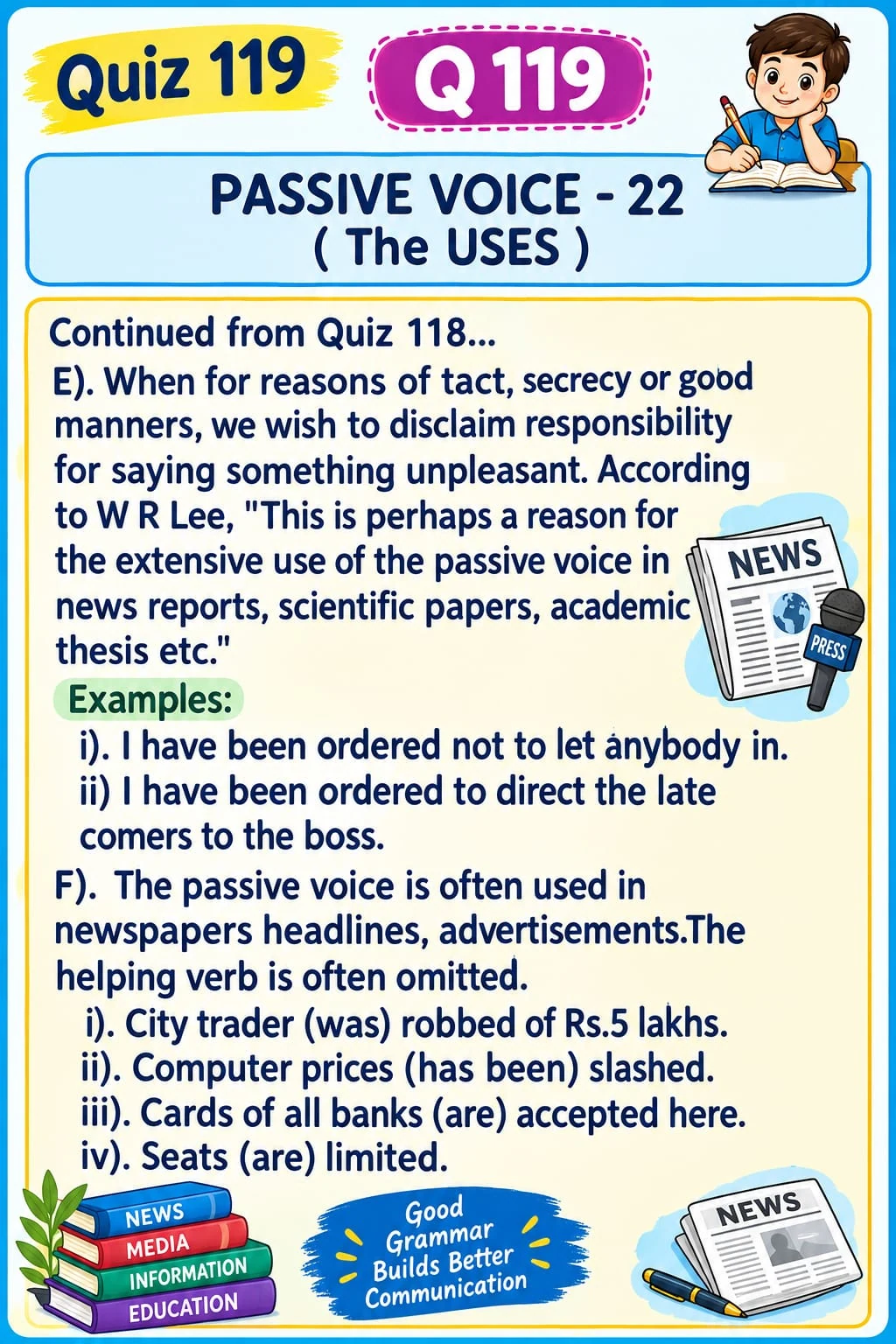 Passive Voice: News Headlines and Tact — Quiz 119. Explore passive constructions used for tact and in newspaper headlines. Original lesson image by S.D. Singh Ratan.