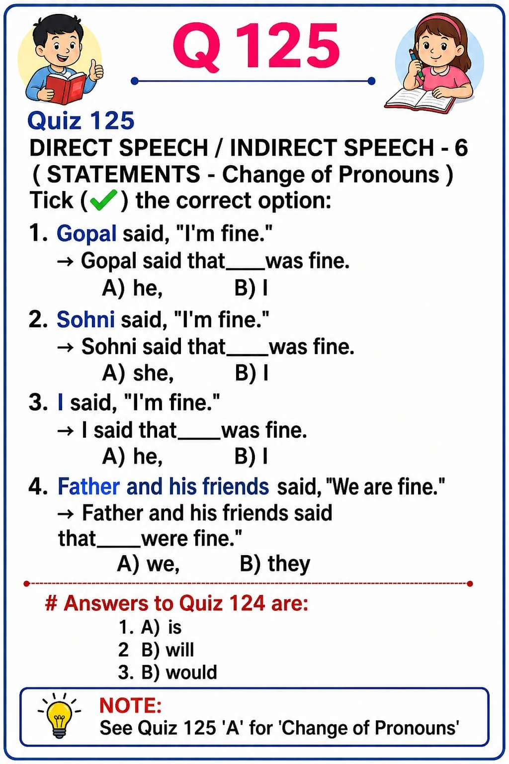 Reported Speech: Pronoun Practice — Quiz 125. Choose pronouns that reflect who spoke and who is being reported. Original lesson image by S.D. Singh Ratan.