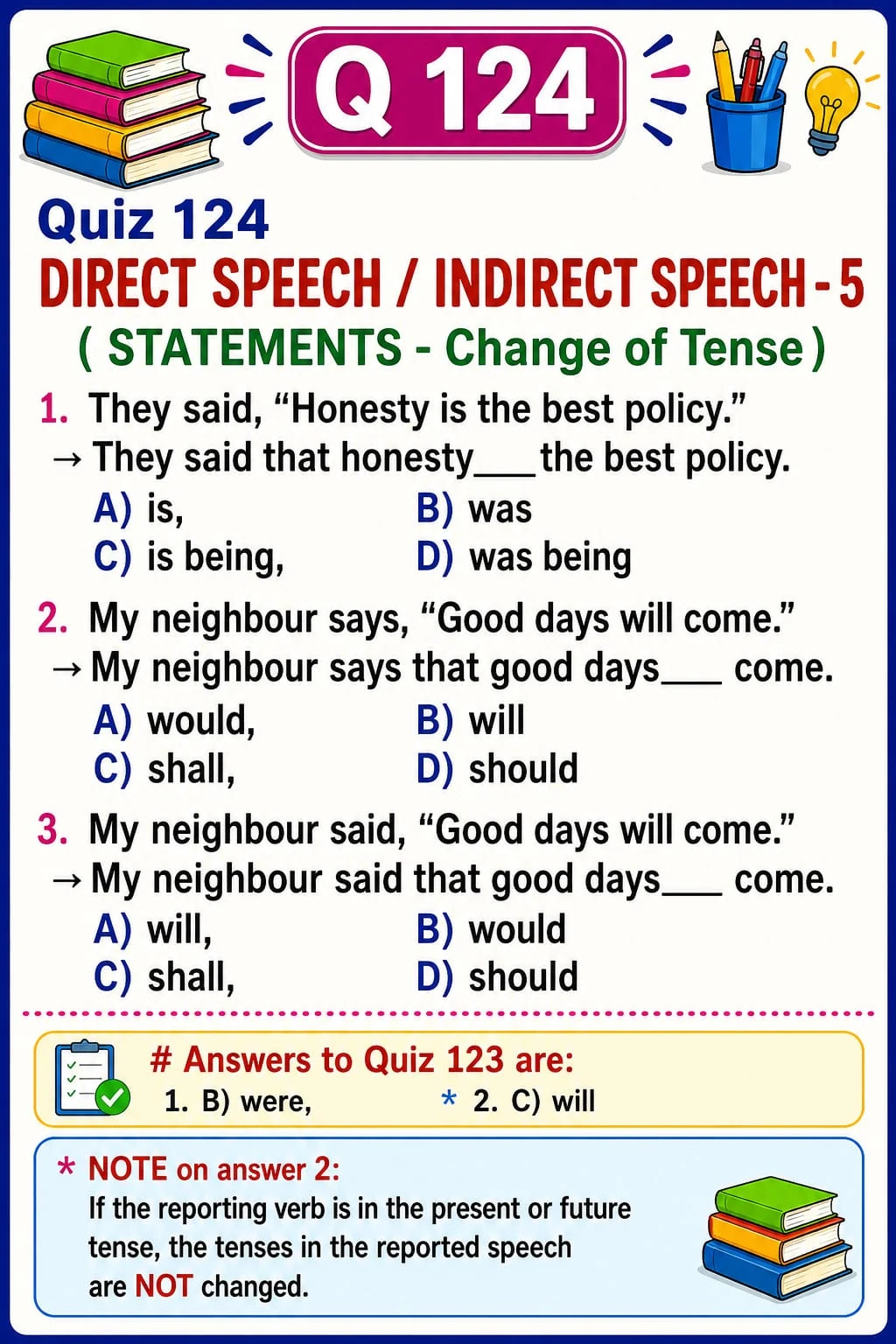 Reported Speech: Tense and Universal Truths — Quiz 124. Choose the reported tense and notice when a general truth stays unchanged. Original lesson image by S.D. Singh Ratan.