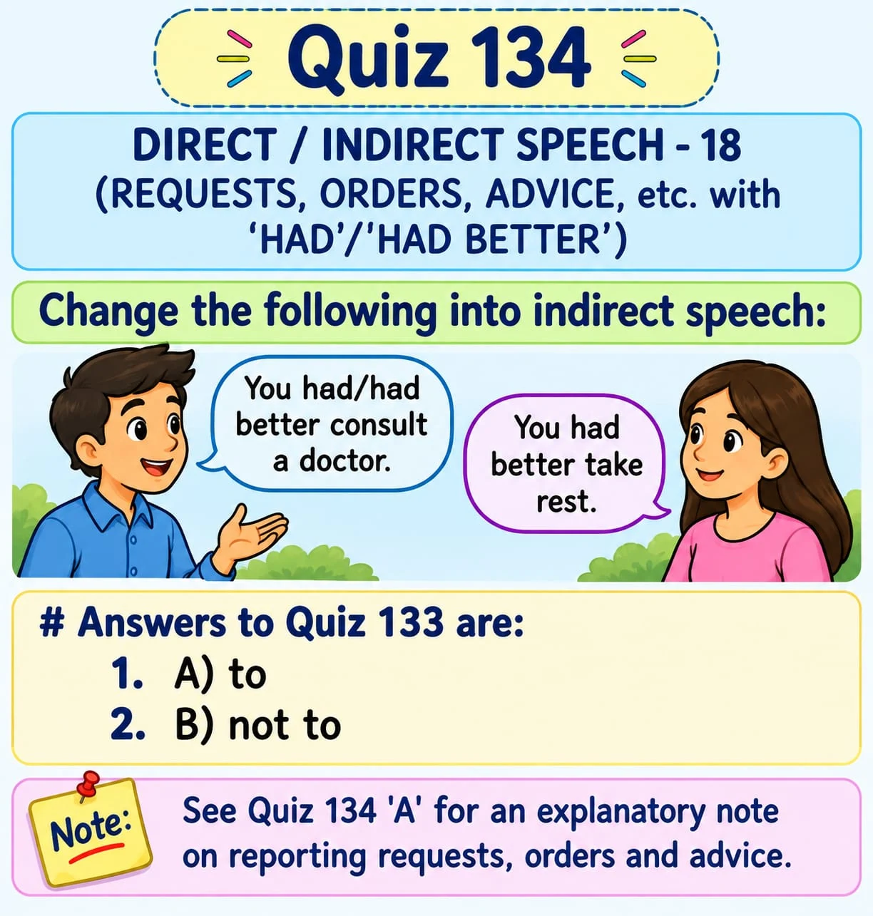 Reporting Advice with Had Better — Quiz 134. Change advice with had better into indirect speech. Original lesson image by S.D. Singh Ratan.