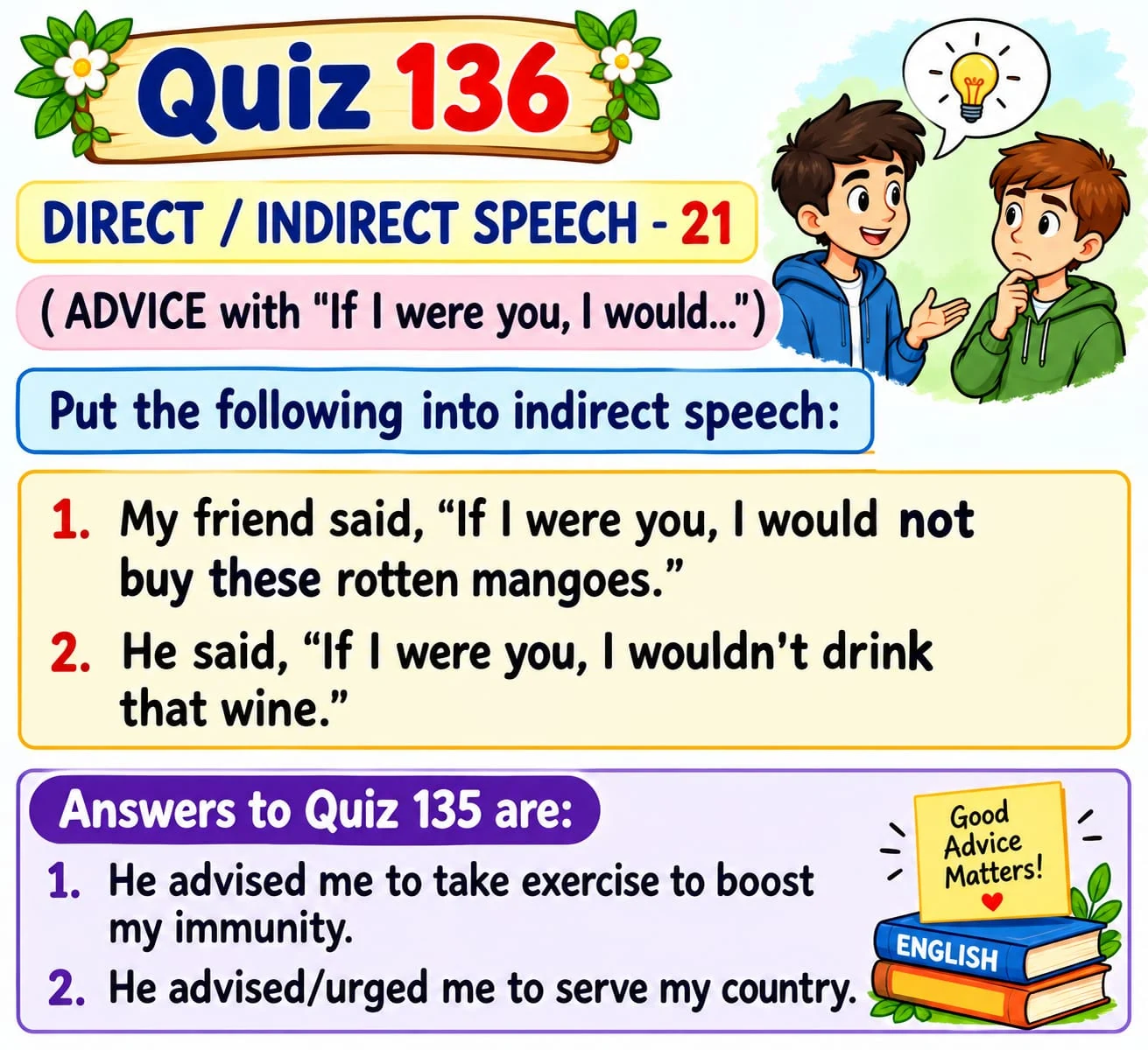 Reporting Advice with If I Were You — Quiz 136. Use advised and an infinitive when reporting this form of advice. Original lesson image by S.D. Singh Ratan.