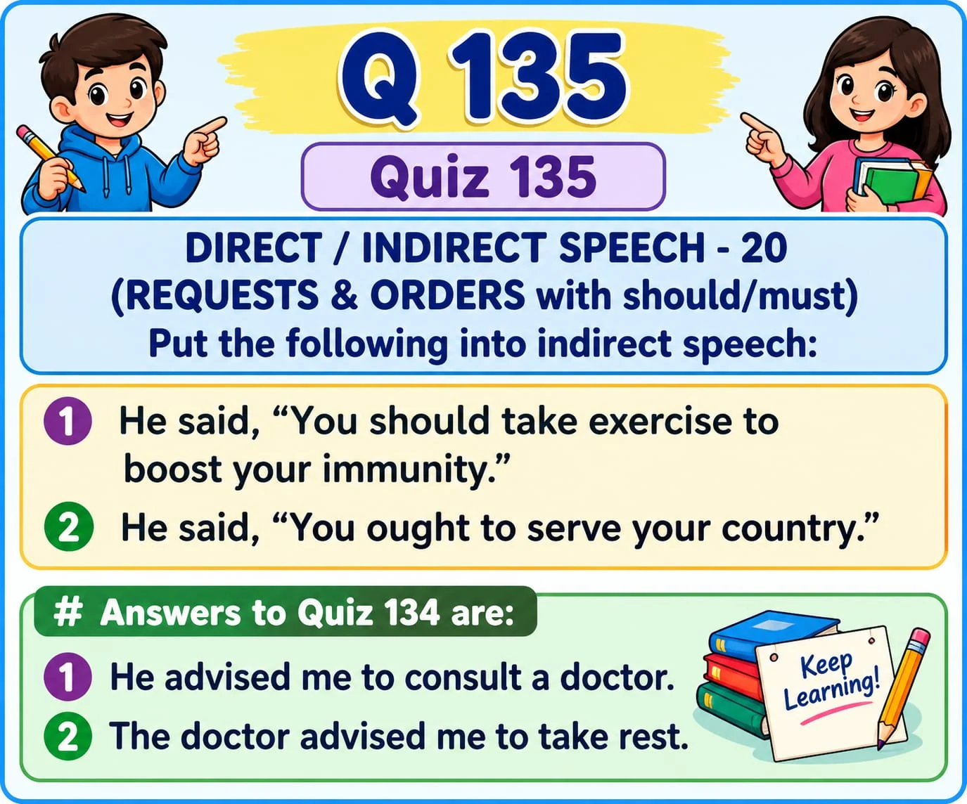 Reporting Requests and Orders with Should — Quiz 135. Practise turning advice and duty into indirect speech. Original lesson image by S.D. Singh Ratan.