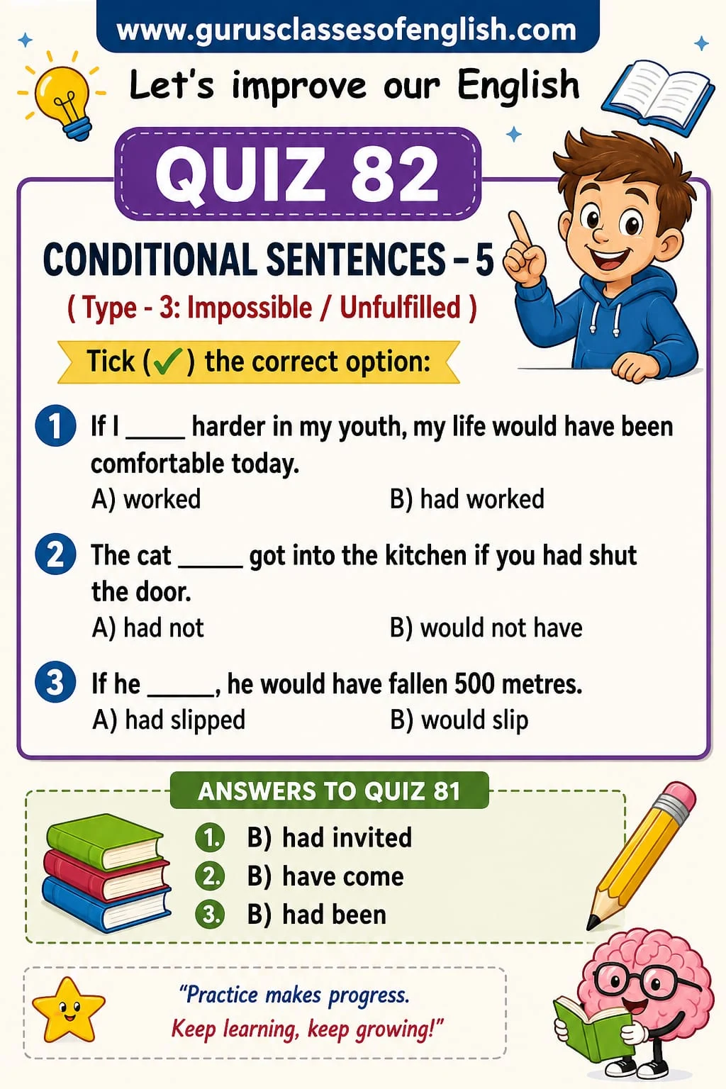 Third Conditional: More Practice — Quiz 82. Practise unreal past situations with past perfect and conditional perfect. Original lesson image by S.D. Singh Ratan.