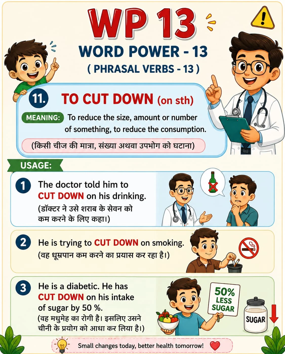 Word Power 13: Cut down on. Meaning: To reduce the size, amount or number of something, especially its consumption. Illustrated lesson with English examples and Hindi support.