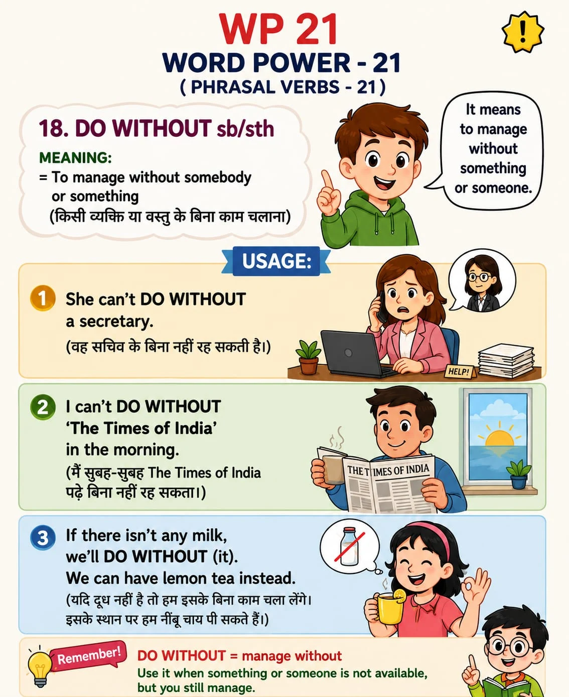 Word Power 21: Do without. Meaning: To manage without somebody or something. Illustrated lesson with English examples and Hindi support.