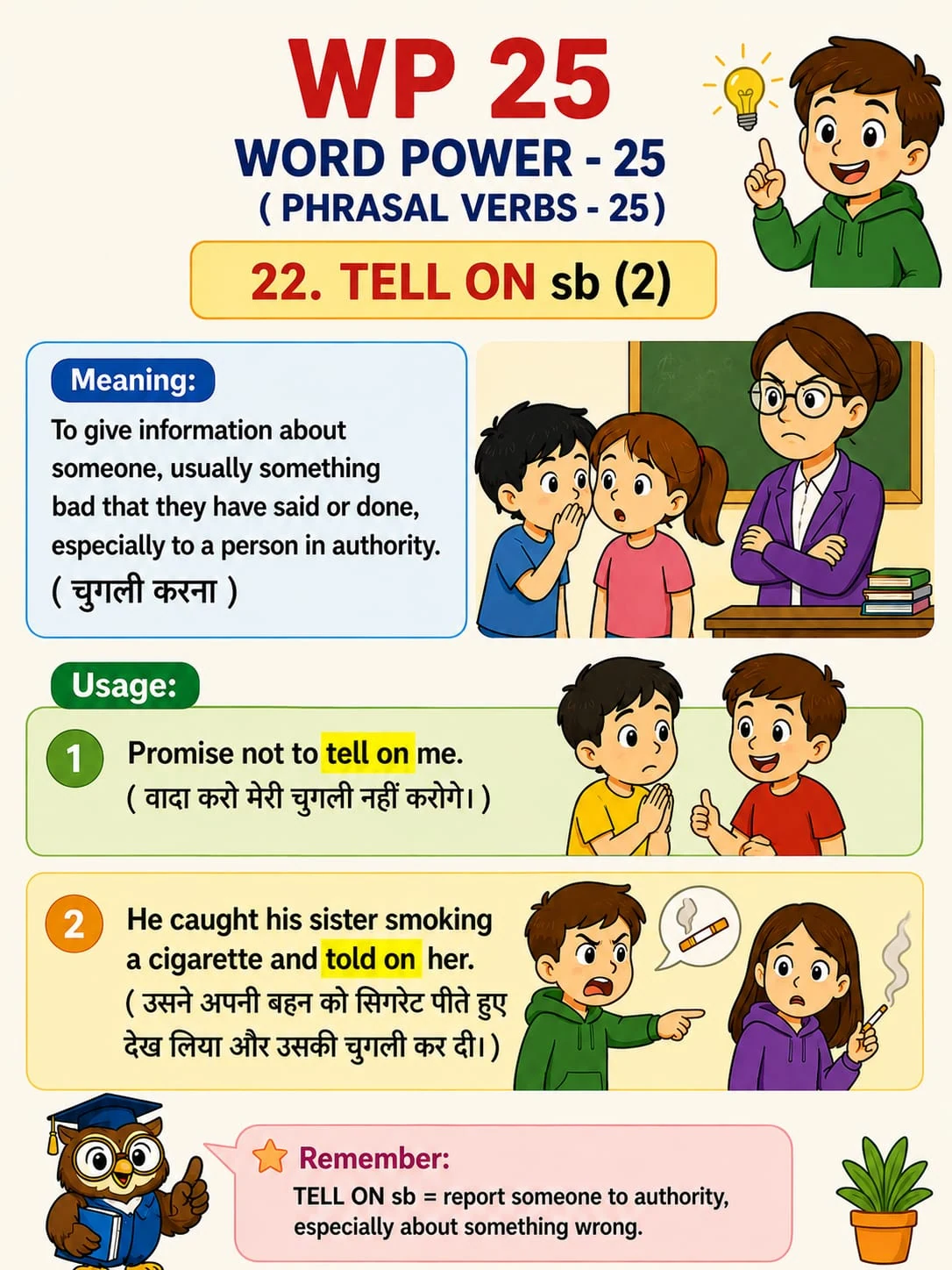 Word Power 25: Tell on somebody: Report to an Authority. Meaning: To give information about someone, usually something bad that they have said or done, especially to a person in authority. Illustrated lesson with English examples and Hindi support.