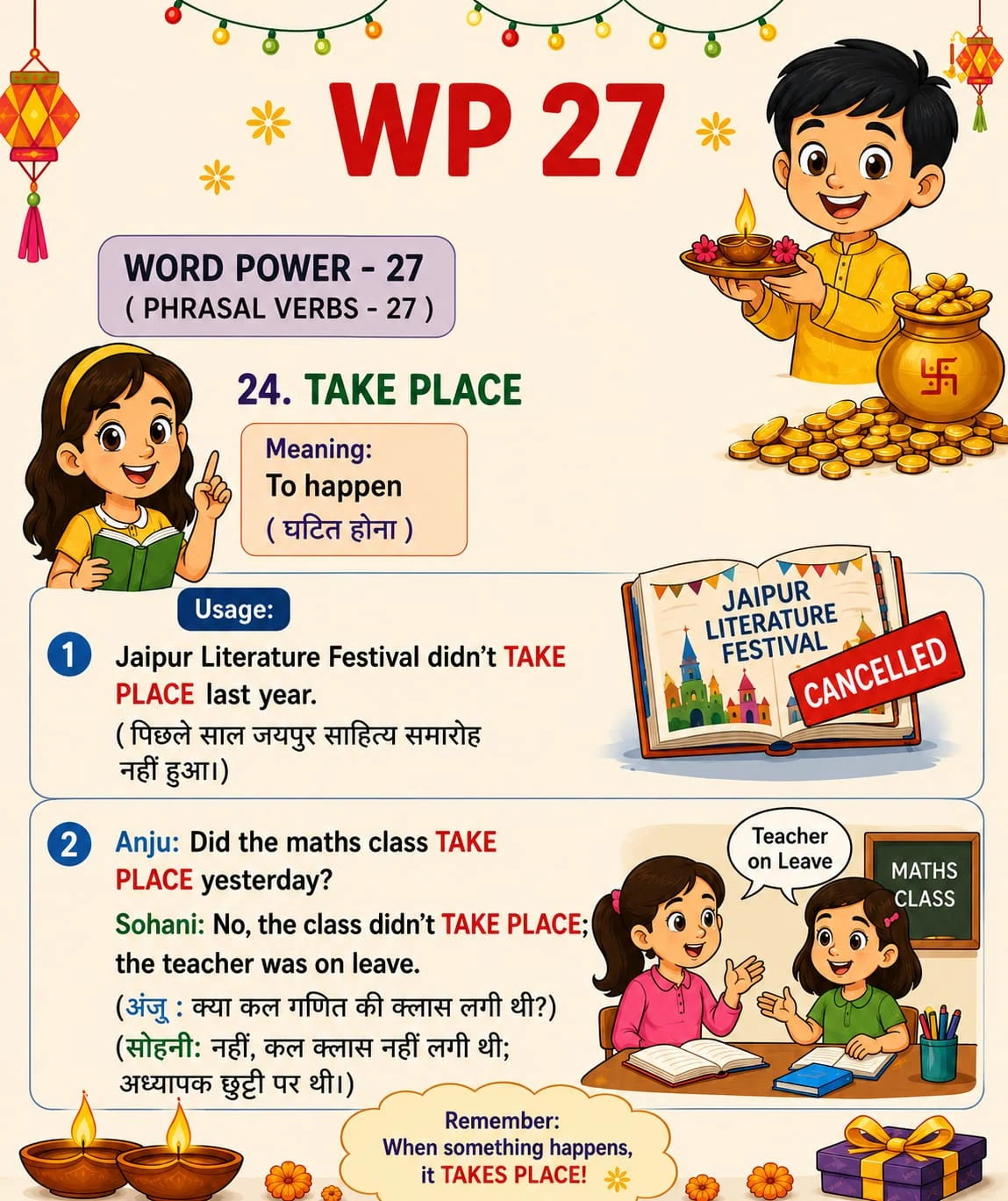 Word Power 27: Take place. Meaning: To happen. Illustrated lesson with English examples and Hindi support.