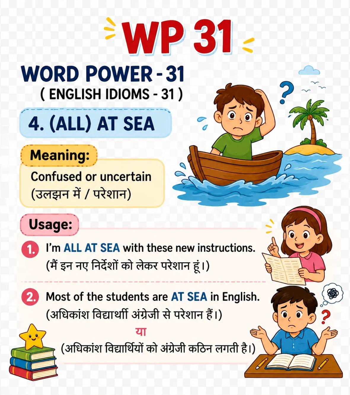 Word Power 31: All at sea. Meaning: Confused or uncertain. Illustrated lesson with English examples and Hindi support.