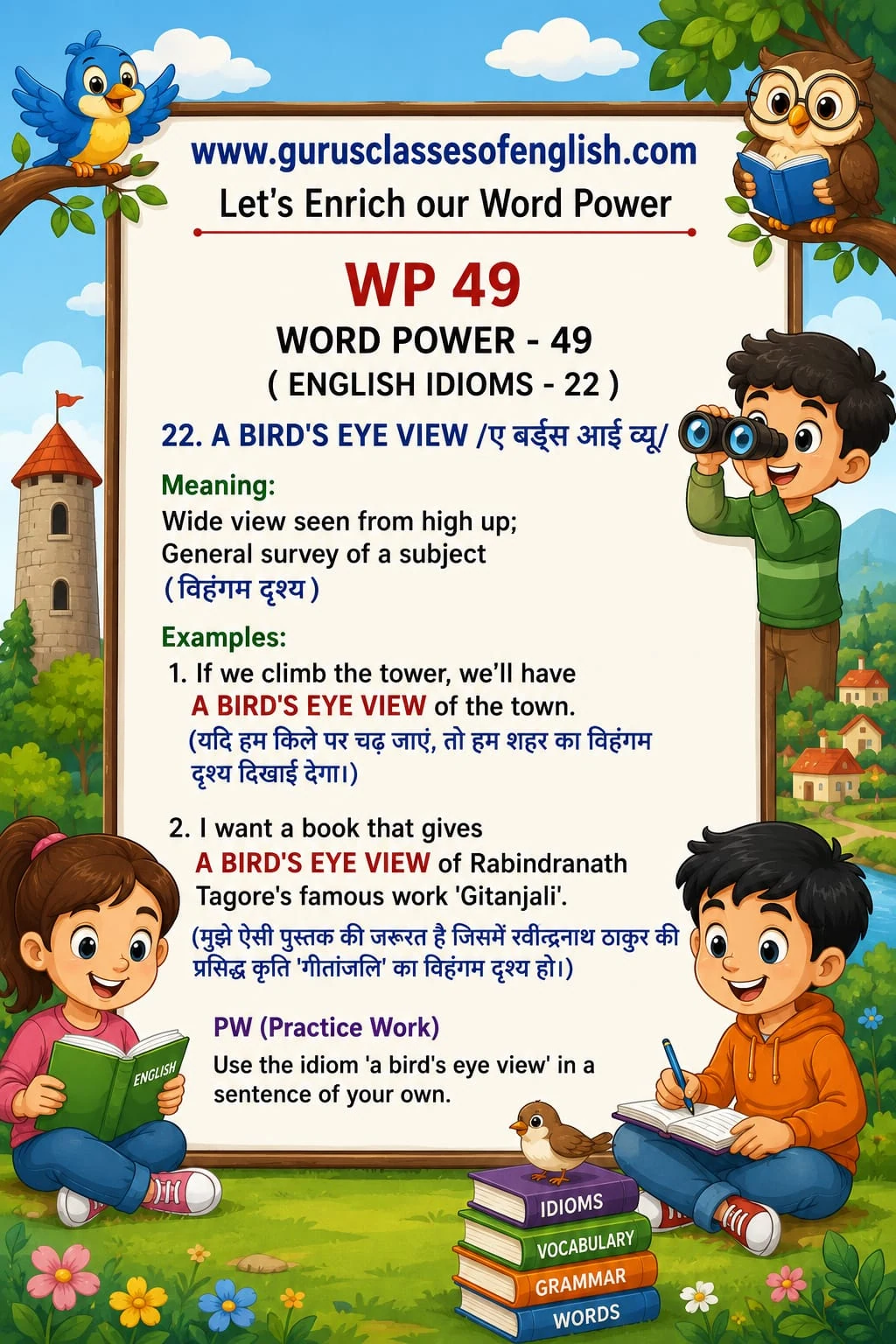 Word Power 49: A bird's-eye view. Meaning: A wide view seen from high up; a general survey of a subject. Illustrated lesson with English examples and Hindi support.