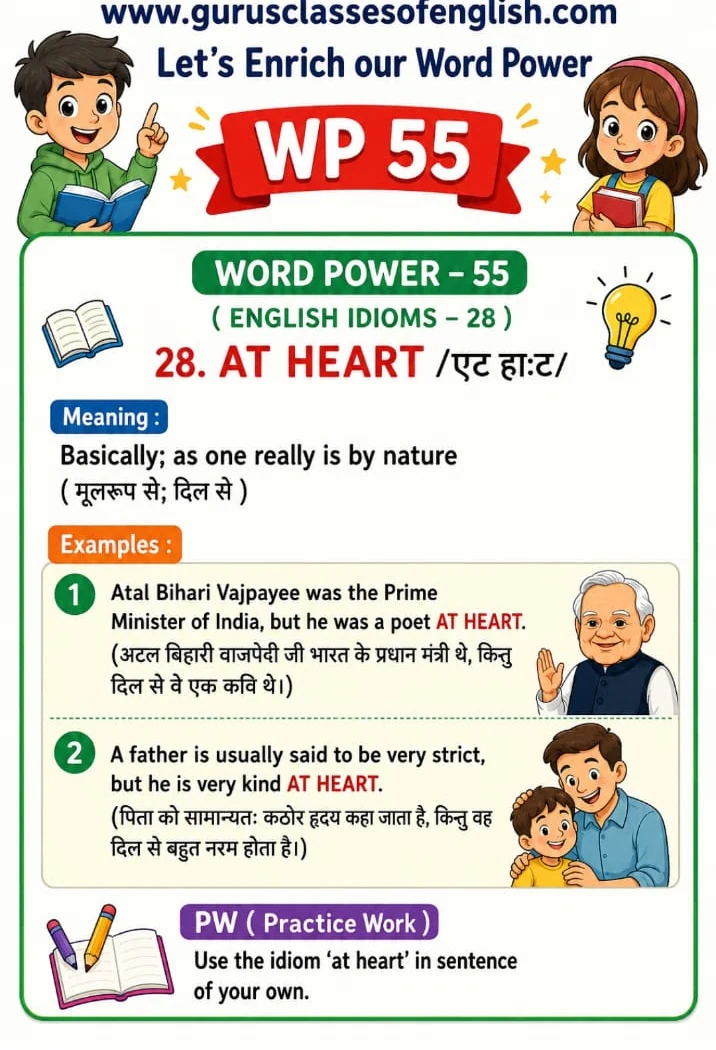 Word Power 55: At heart. Meaning: Basically; as one really is by nature. Illustrated lesson with English examples and Hindi support.