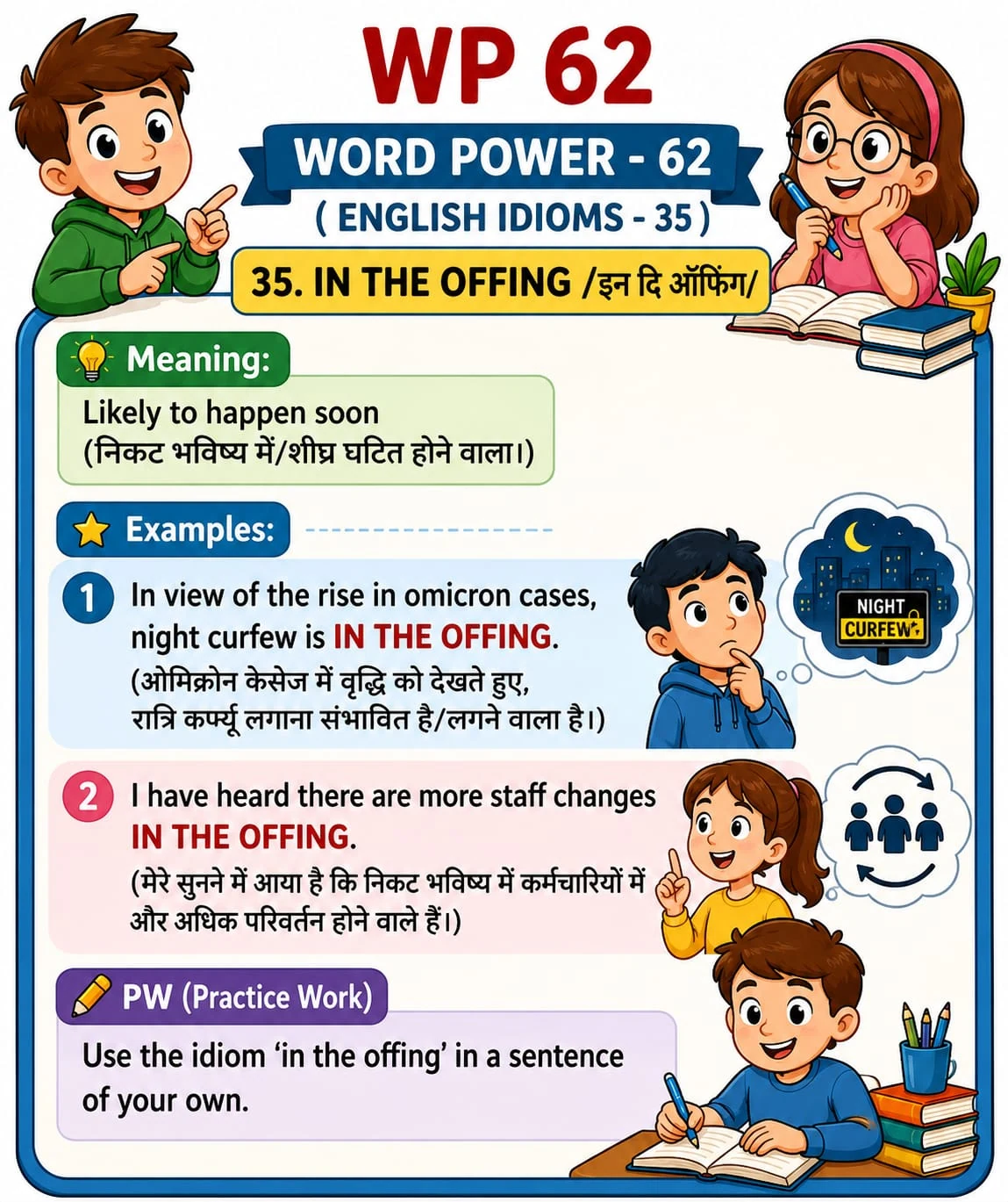 Word Power 62: In the offing. Meaning: Likely to happen soon. Illustrated lesson with English examples and Hindi support.