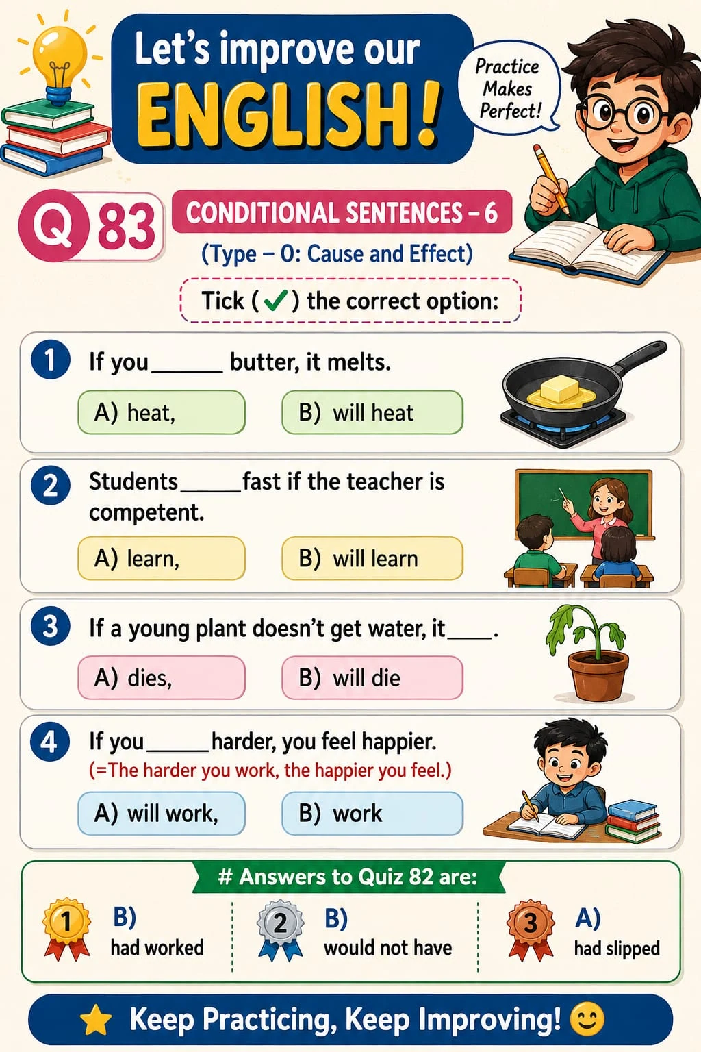 Zero Conditional: Cause and Effect — Quiz 83. Choose verb forms for facts and general truths. Original lesson image by S.D. Singh Ratan.